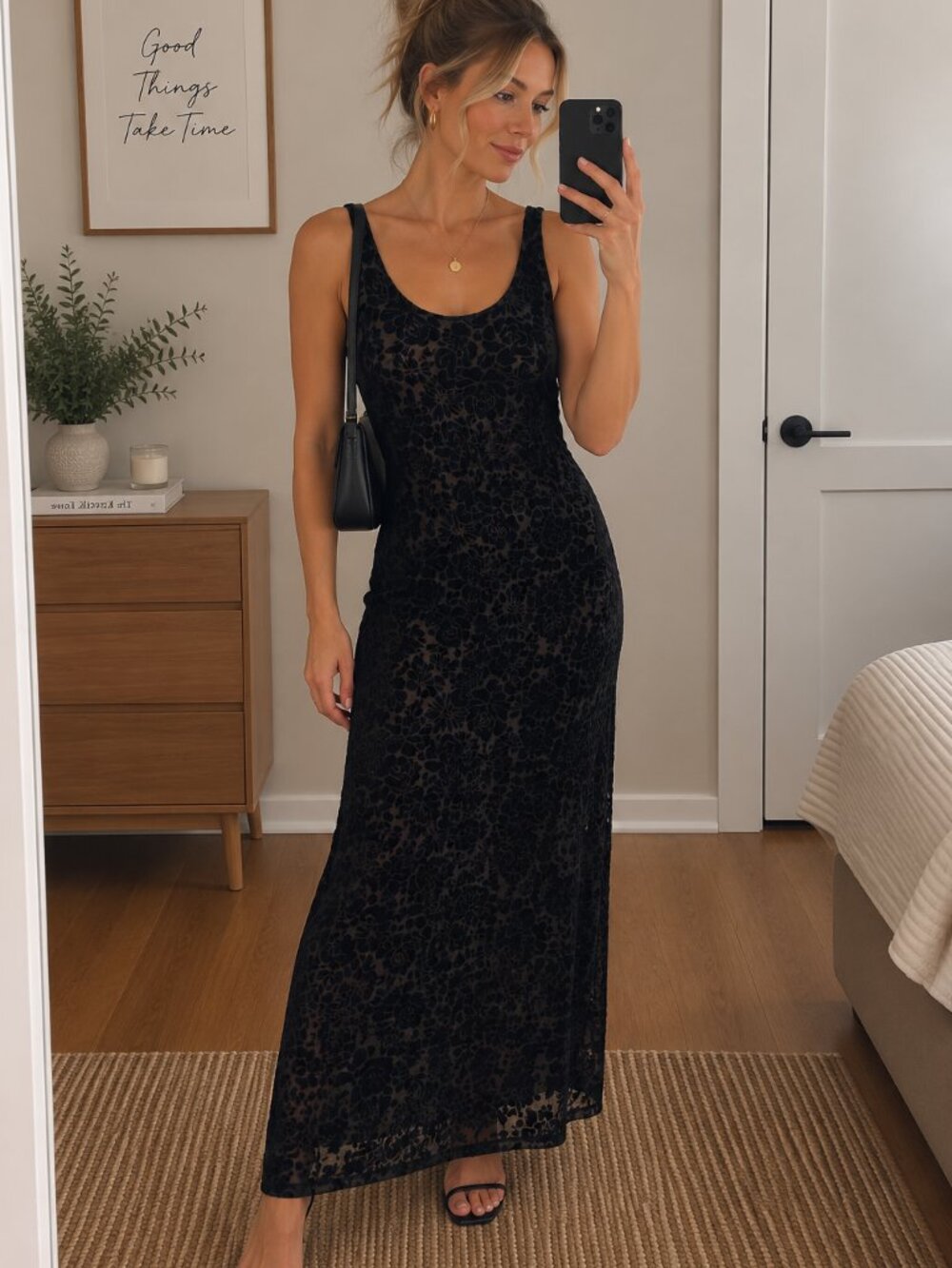 Avenue Body Black Velvet Burnout Floral Maxi Dress 90s Vintage